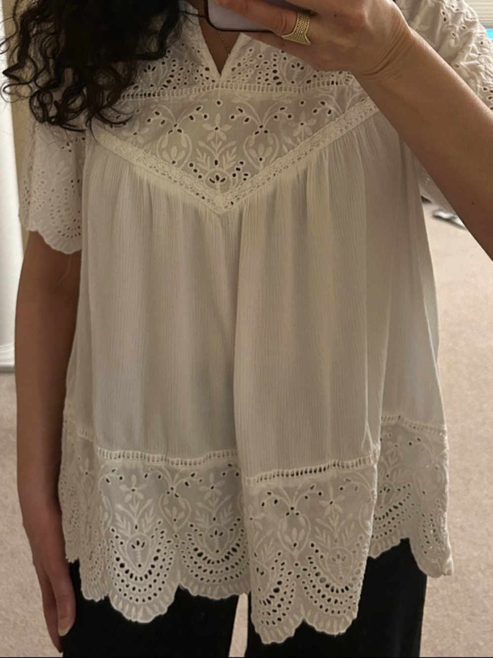 Women's White Eyelet Lace Peasant Top
